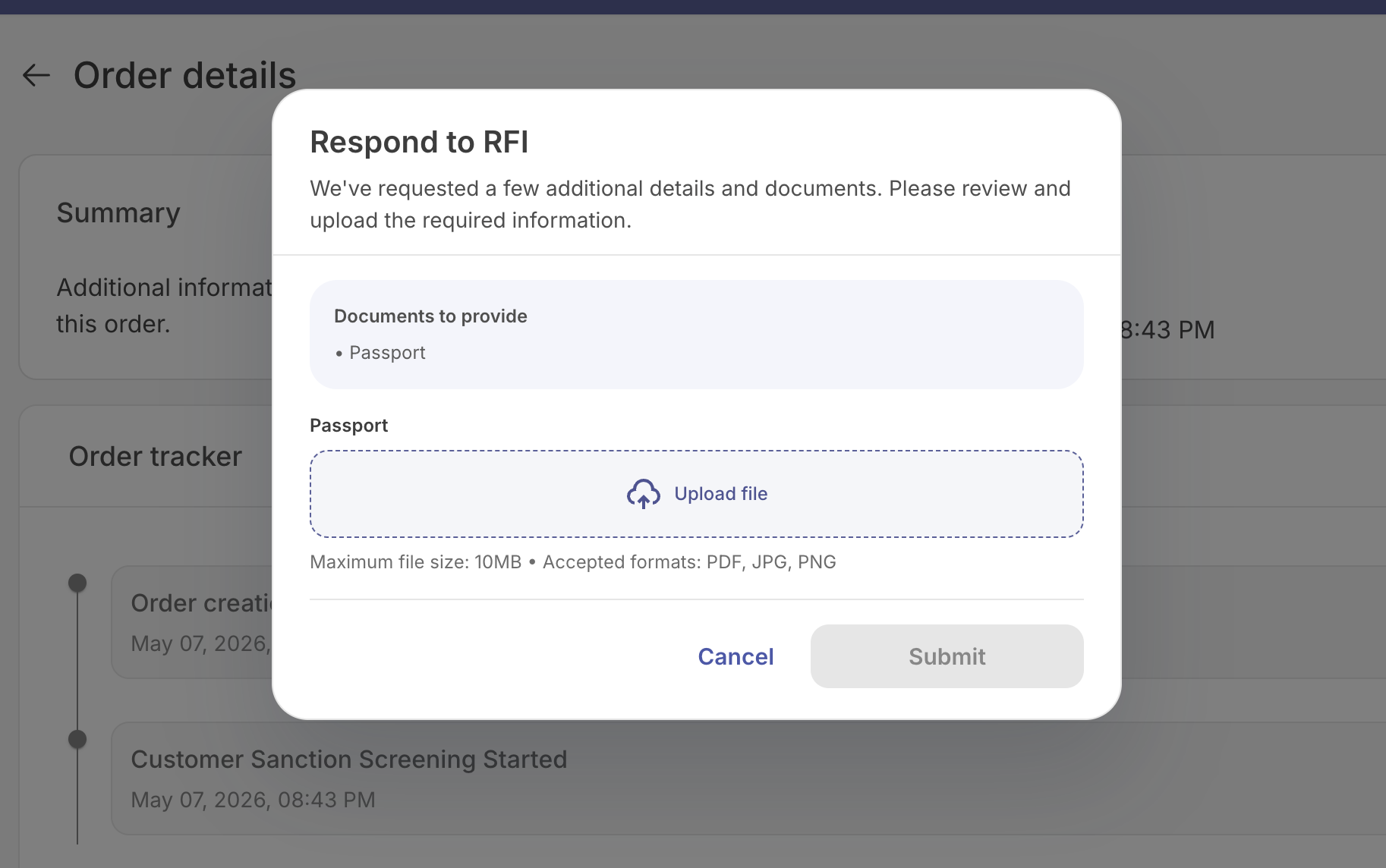 RFI Upload Documents preview