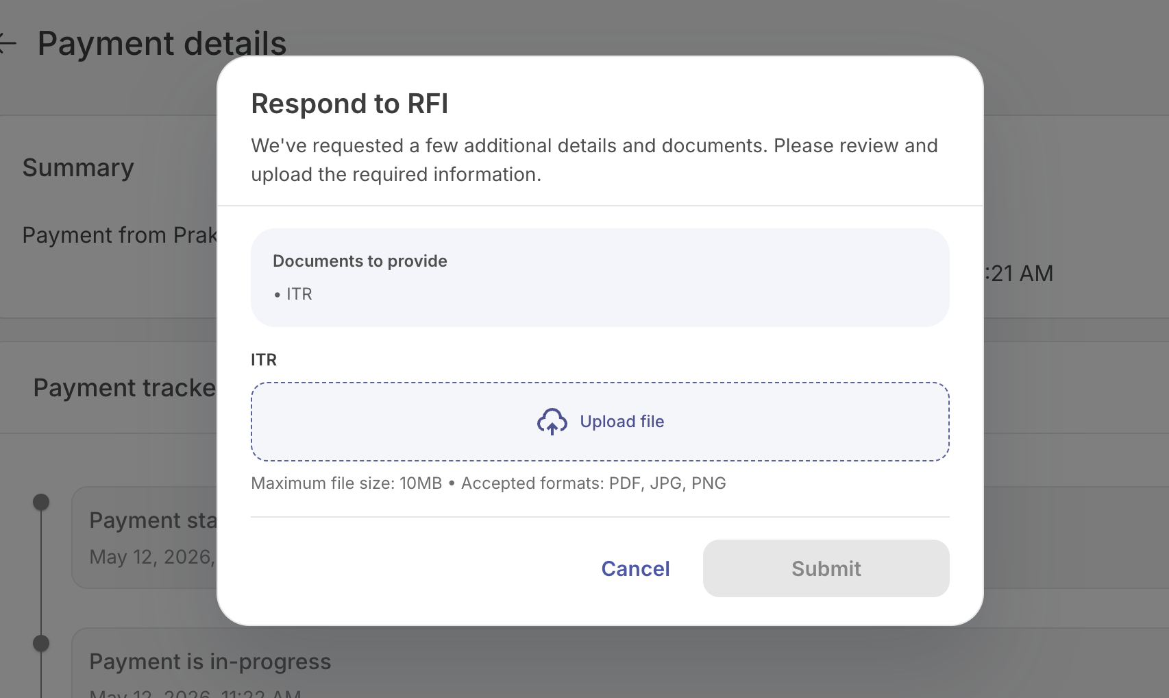 RFI Upload Documents preview